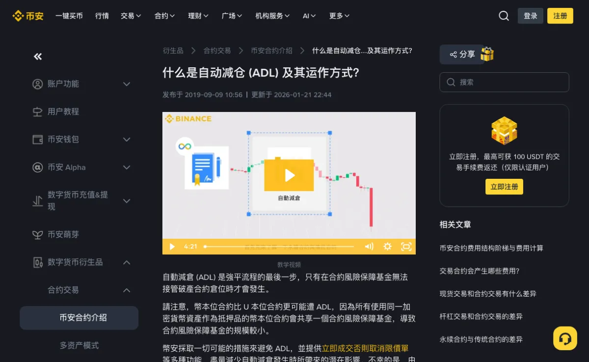 币安帮助中心自动减仓说明页的顶部，标题为什么是自动减仓 (ADL) 及其运作方式，标题下标着发布于 2019-09-09、更新于 2026-01-21，正文第一段写着自动减仓是强平流程的最后一步