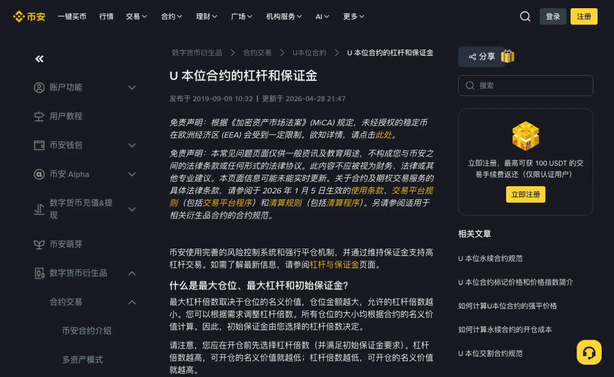 币安帮助中心「U 本位合约的杠杆和保证金」页面顶部：标题下标着发布于 2019-09-09、更新于 2026-04-28，两段免责声明之后是小标题「什么是最大仓位、最大杠杆和初始保证金？」，正文写着仓位金额越大允许的杠杆倍数越小、初始保证金由所选杠杆倍数决定，右侧是相关文章列表