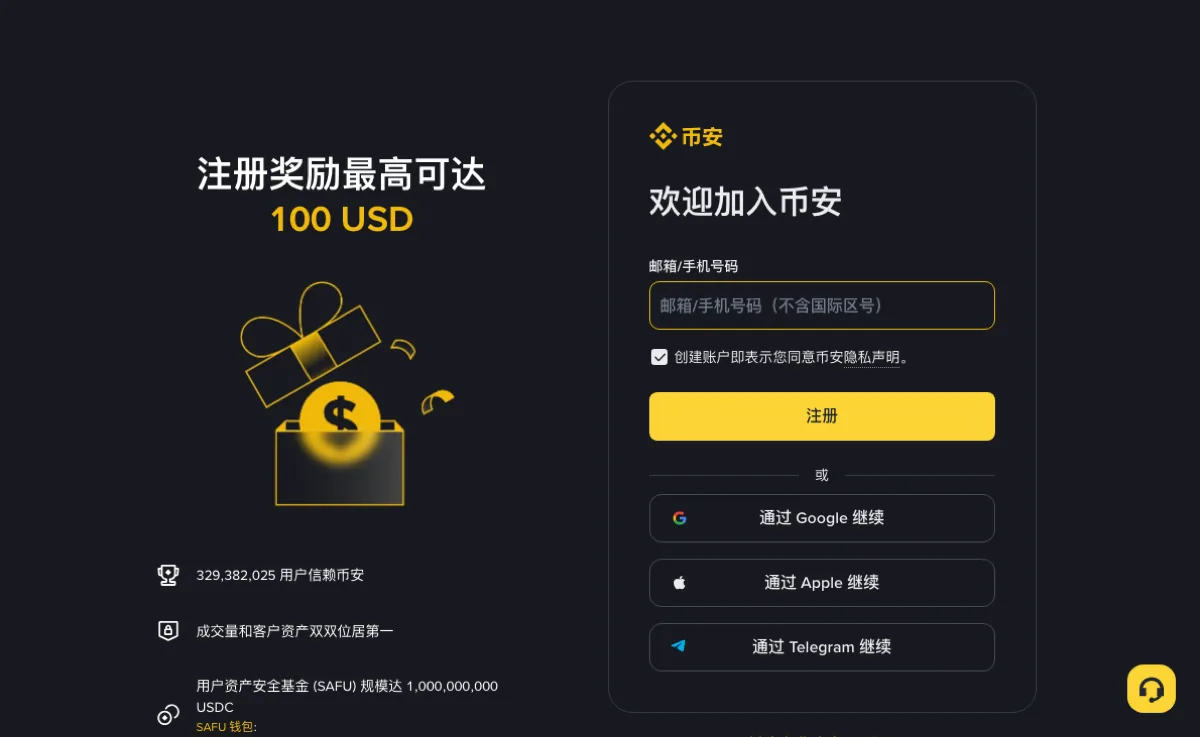 币安注册页，左侧是注册奖励说明，右侧是邮箱或手机号输入框与注册按钮